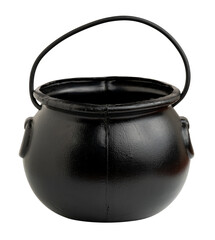 Fototapeta premium Black plastic cauldron with handle, isolated on white background, used as Halloween decoration or candy container.