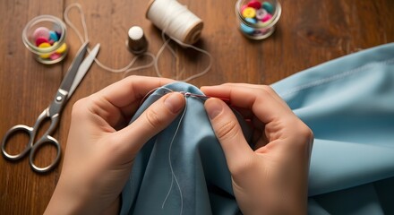 Woman's Hands Sewing a Hem on Blue Fabric