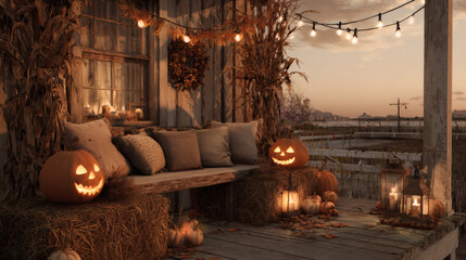 Cozy Autumn Porch with Hay Bales, Jack-O'-Lanterns, Lanterns, and Seasonal Decor