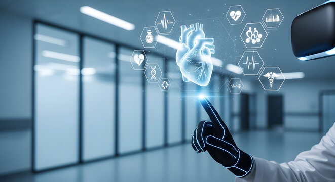 Person wearing VR headset interacts with a holographic heart and medical icons in a modern hospital corridor, representing advanced healthcare technology. - Powered by Adobe