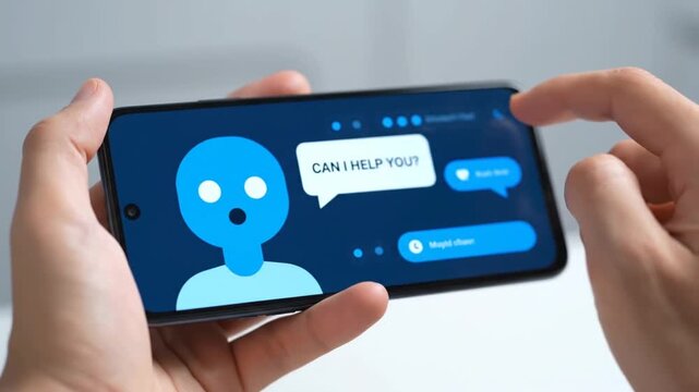 Close up of hands holding a smartphone displaying a chatbot interface with a blue cartoon avatar and speech bubble