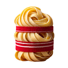 A vintage bundle of uncooked fettuccine nests tied with a red-striped linen ribbon, with scattered semolina flour in the air, warm studio lighting
