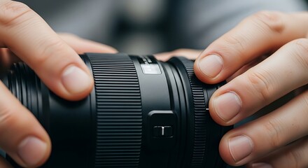 A close-up shot of skilled hands meticulously adjusting the intricate focus ring on a professional camera lens, preparing for the perfect photographic capture
