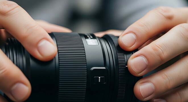 A close-up shot of skilled hands meticulously adjusting the intricate focus ring on a professional camera lens, preparing for the perfect photographic capture