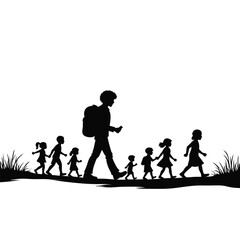 Silhouette of adult leading children walking in grass Keywords: silhouette, adult, children