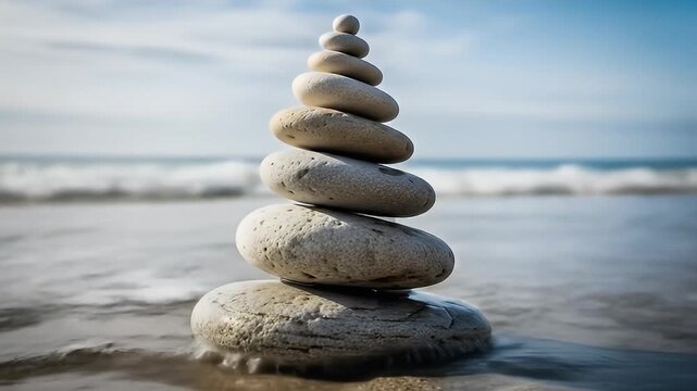 Stacked pebbles on a serene beach with gentle waves and a clear sky in the background