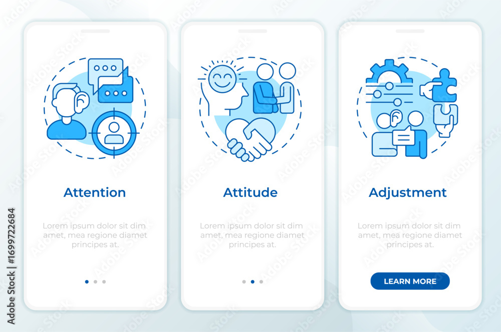 Poster basic listening skills blue onboarding mobile app screen. walkthrough 3 steps editable graphic instr