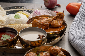 Chicken Kohlapuri is spicy Maharashtrian delicary of tender boneless chicken cooked with aromatic roasted ground spices and coconut. India food.