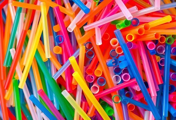 Fototapeta premium A colorful pile of plastic straws, various lengths and colors, object, bundle