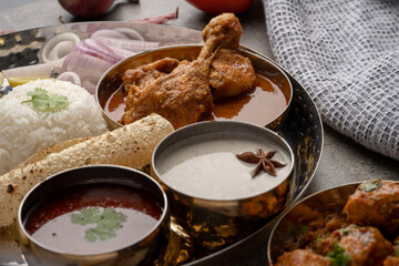 Chicken Kohlapuri is spicy Maharashtrian delicary of tender boneless chicken cooked with aromatic roasted ground spices and coconut. India food.