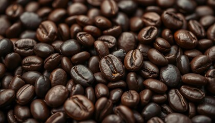 Close-up of dark roasted coffee beans, oily sheen, uneven surface,  surface,  still life