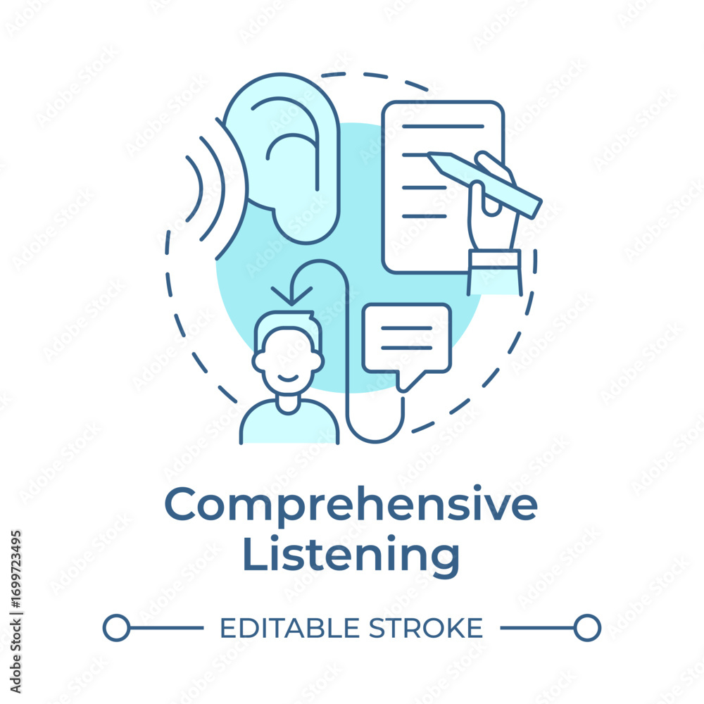 Poster comprehensive listening soft blue concept icon. studying process, learning. document writing. round 
