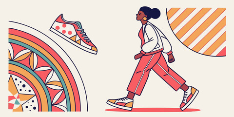 Woman walking with sneakers and abstract geometric elements
