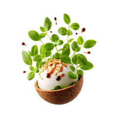 A single burrata ball bursting open mid-air, creamy center oozing out with a slow-motion effect, surrounded by micro basil leaves and droplets of balsamic glaze