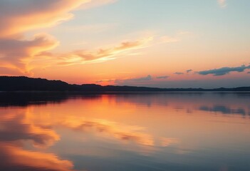 Obraz premium Serene sunset hues paint the sky, reflecting on calm water, calm, stillness