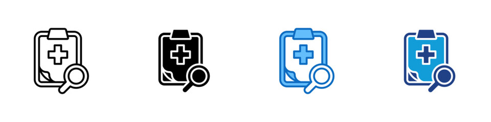 Fototapeta premium Medical Research Multiple Style Icon Sheet Design Vector - Clipboard with medical cross and magnifying glass, representing health report, patient file, or medical report