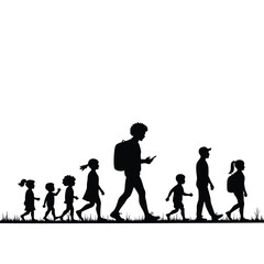Fototapeta premium Silhouette of adult with backpack leading children walking in grass