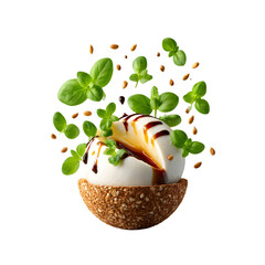 A single burrata ball bursting open mid-air, creamy center oozing out with a slow-motion effect, surrounded by micro basil leaves and droplets of balsamic glaze