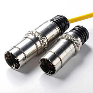 Two industrial electrical connectors with yellow cable on white background.