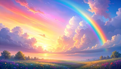 Vibrant landscape painting featuring a rainbow, dreamy clouds, and a picturesque field of flowers