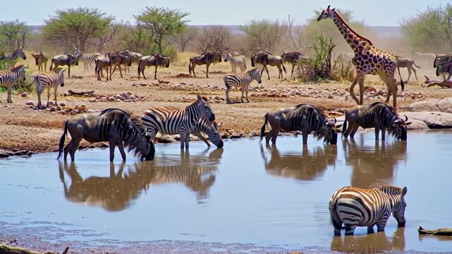 Herd of zebras drinking at a waterhole in a savanna, with giraffes and wildlife in the background