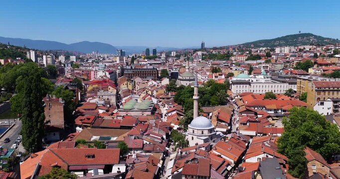 A View Of Gazi Husrev-beg Mosque In The City Of Sarajevo, Bosnia and Herzegovina. Aerial Drone Shot