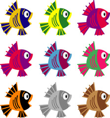 A set of vector fish in a fun, cartoonish, flat style.