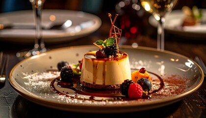 Exquisite Dessert on a Plate with Berries, a Fine Dining Experience, and Culinary Artistry