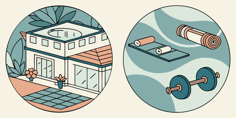 Naklejka premium Modern house with swimming pool and yoga mat with dumbbells