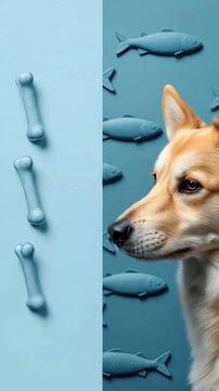 Adorable Dog in Profile Contemplates a Dietary Choice Between Bones and Fish in a Stylized Blue World.  Vertical Video Format