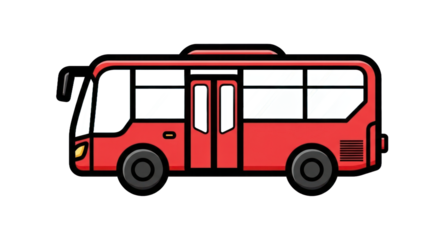 Illustration of a red bus with large windows and doors transparent background