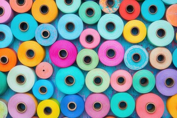 Colorful Spools of Thread Arranged on a Vibrant Wooden Surface