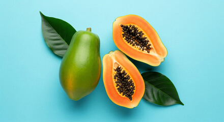 A whole papaya and two halves of a ripe papaya with visible seeds and flesh, arranged with green...