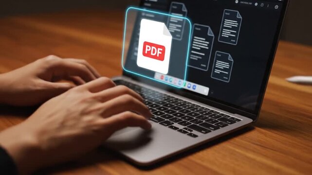 Close up of a person s hands typing on a laptop computer with a digital document displayed on the screen