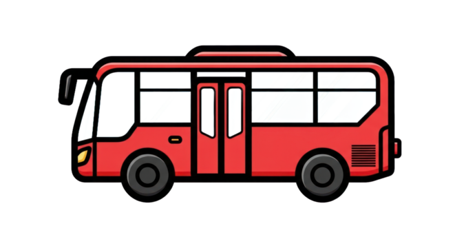Illustration of a red bus with large windows and doors transparent background - Powered by Adobe