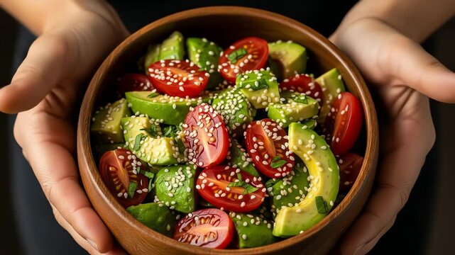 Fresh Avocado and Tomato Salad in Wooden Bowl