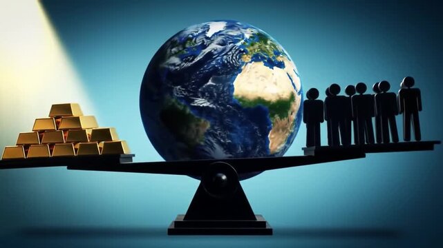 Economic Inequality and Wealth Gap Represented by Earth on Tipping Scale