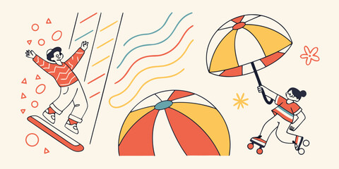 People enjoying outdoor activities like skating and playing with umbrella