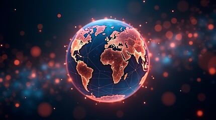Global network connection with glowing continents and digital data transfer