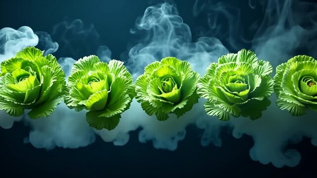 A dramatic row of vibrant green ornamental cabbages resembling roses, nestled in a bed of swirling white smoke against a dark, atmospheric background.