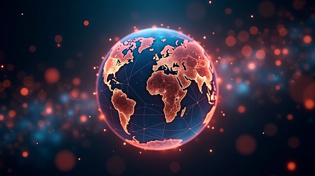 Global network connection with glowing continents and digital data transfer