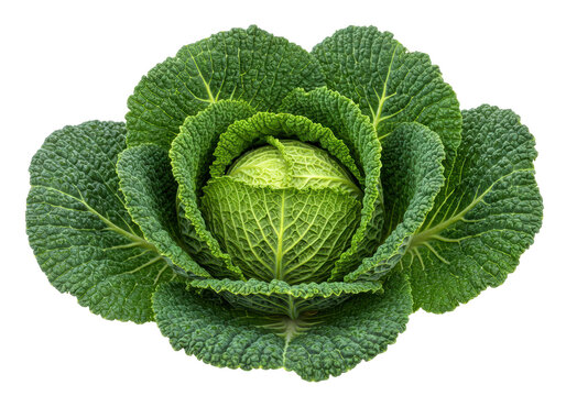 Isolated Savoy cabbage head, a vibrant green vegetable with crinkled leaves and hearty texture