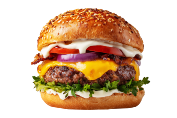 Australia Aussie crispy chicken burger with cheddar cheese, fries, lettuce, tomato, pickles and mayo on sesame bun, isolated on white transparent background