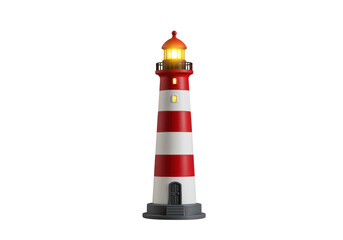 Isolated vintage toy lighthouse with red and white stripes, maritime nautical object