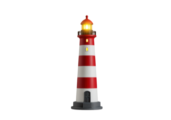Isolated vintage toy lighthouse with red and white stripes, maritime nautical object