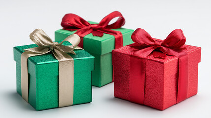 Fototapeta premium Red and green gift boxes with bows on white background -