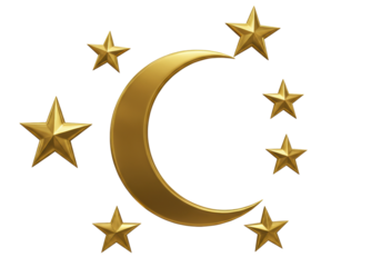 Isolated Golden Crescent with Stars Design Symbol of Faith and Belief, Decoration Theme