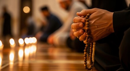 Hands holding prayer beads during a religious ceremony with candlelit background