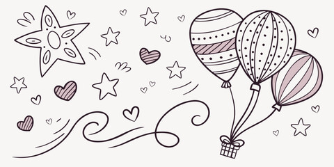 Hand drawn doodle of balloons, stars, and hearts on a light background