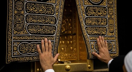 Hands Touching the Kaaba's Door, Revealing Intricate Gold Embroidery and Calligraphy